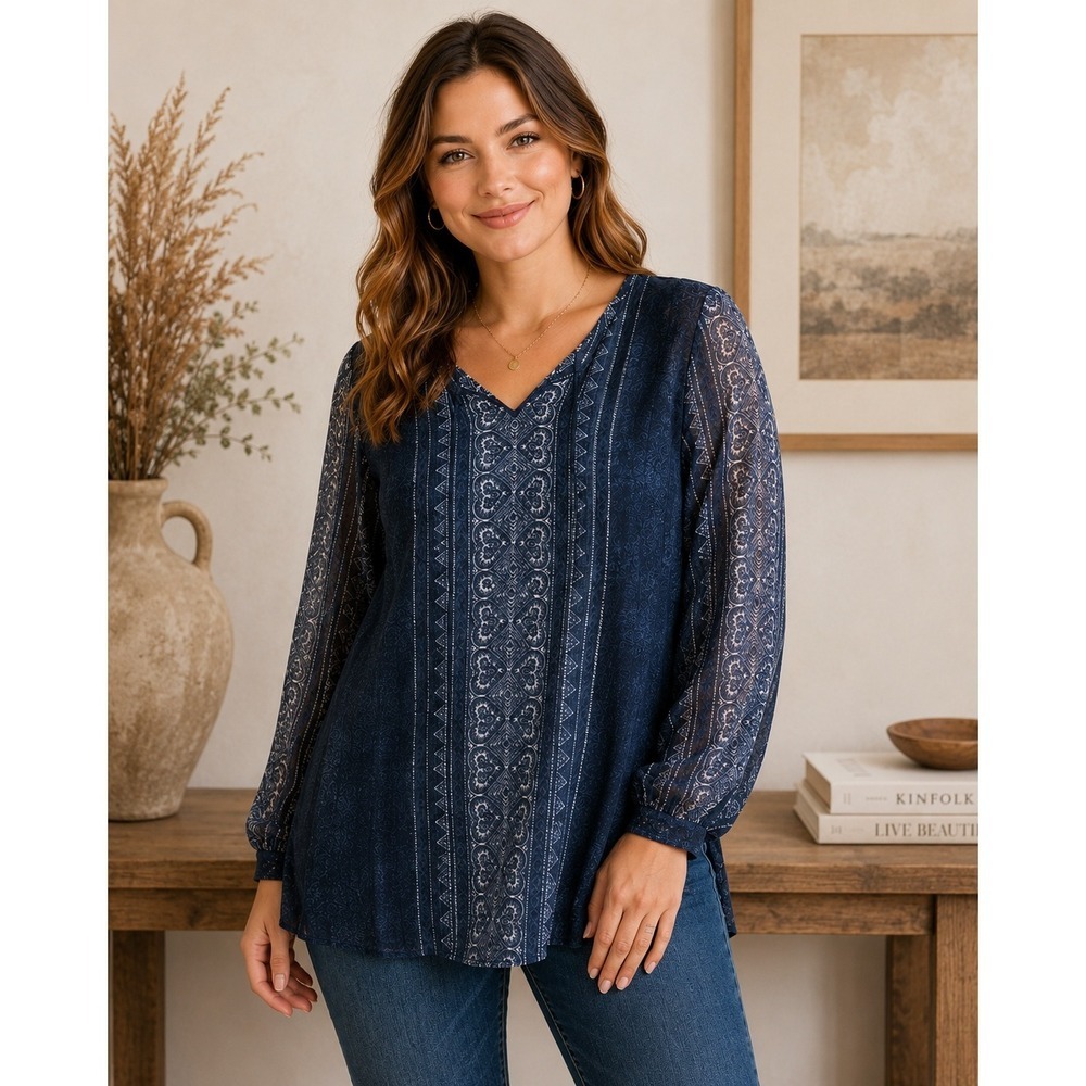 NWT Vince Camuto Sheer Print Tunic Blouse Womens M Blue Boho Tassel V Neck